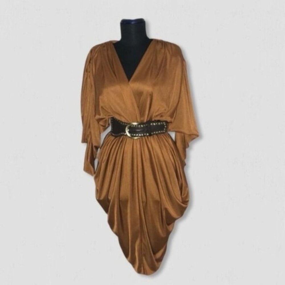 Vintage Disco Pull-On Dress Ruched Dolman Sleeve Back Slit Shiny Bronze Sz M